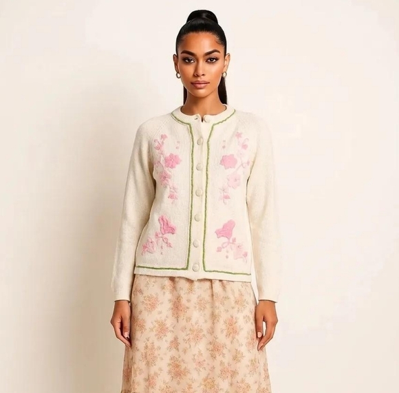 Vintage Sweaters - Vintage White Knit Cardigan Pink Embroidery Korea